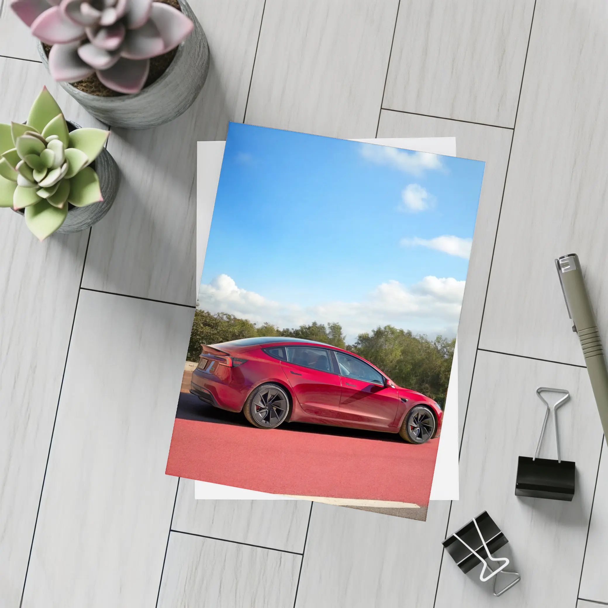 Tesla Model 3 Red Street Blue Sky – Postcards