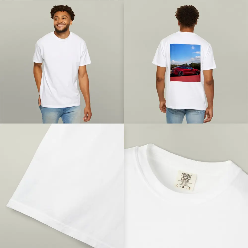 Tesla Model 3 Red Street Blue Sky – T-Shirts