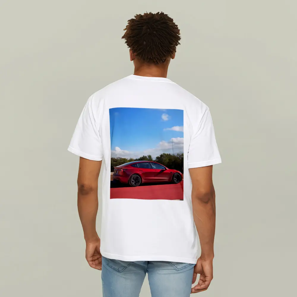 Tesla Model 3 Red Street Blue Sky – T-Shirts