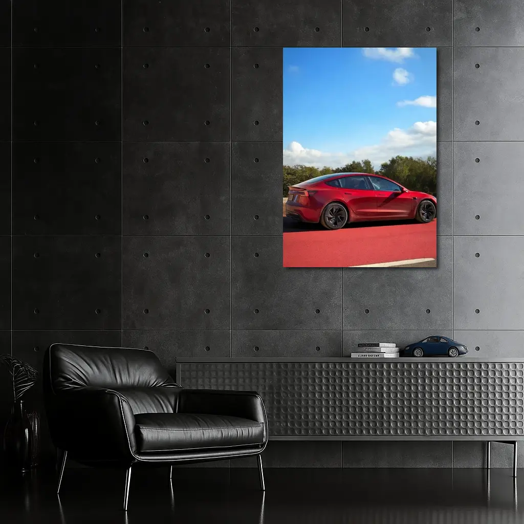 Tesla Model 3 Red Street Blue Sky – Wall Art