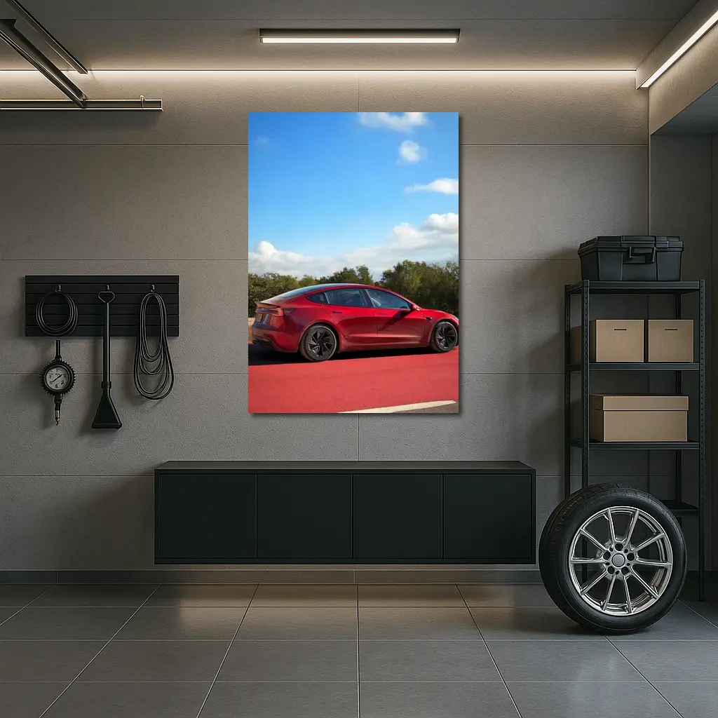 Tesla Model 3 Red Street Blue Sky – Wall Art