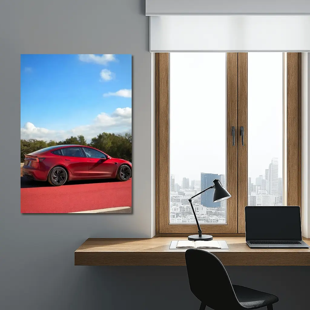 Tesla Model 3 Red Street Blue Sky – Wall Art
