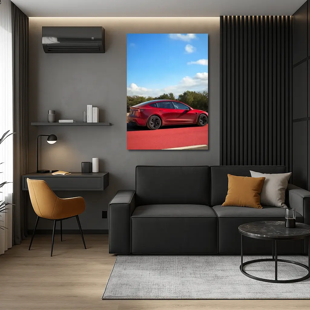 Tesla Model 3 Red Street Blue Sky – Wall Art