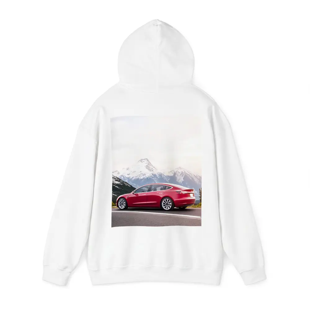 Red Tesla Model 3 Snow Mountain Road – Hoodies