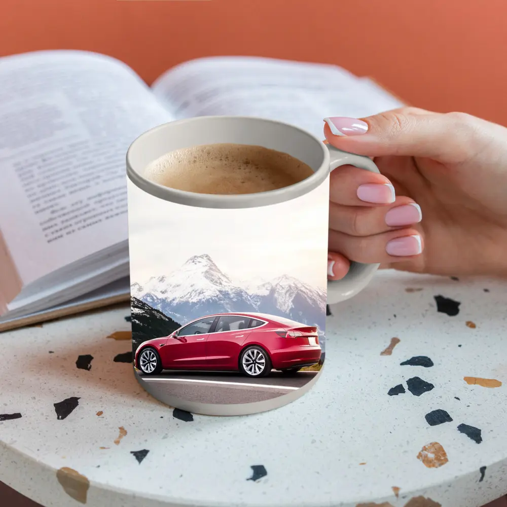 Red Tesla Model 3 Snow Mountain Road – Mugs
