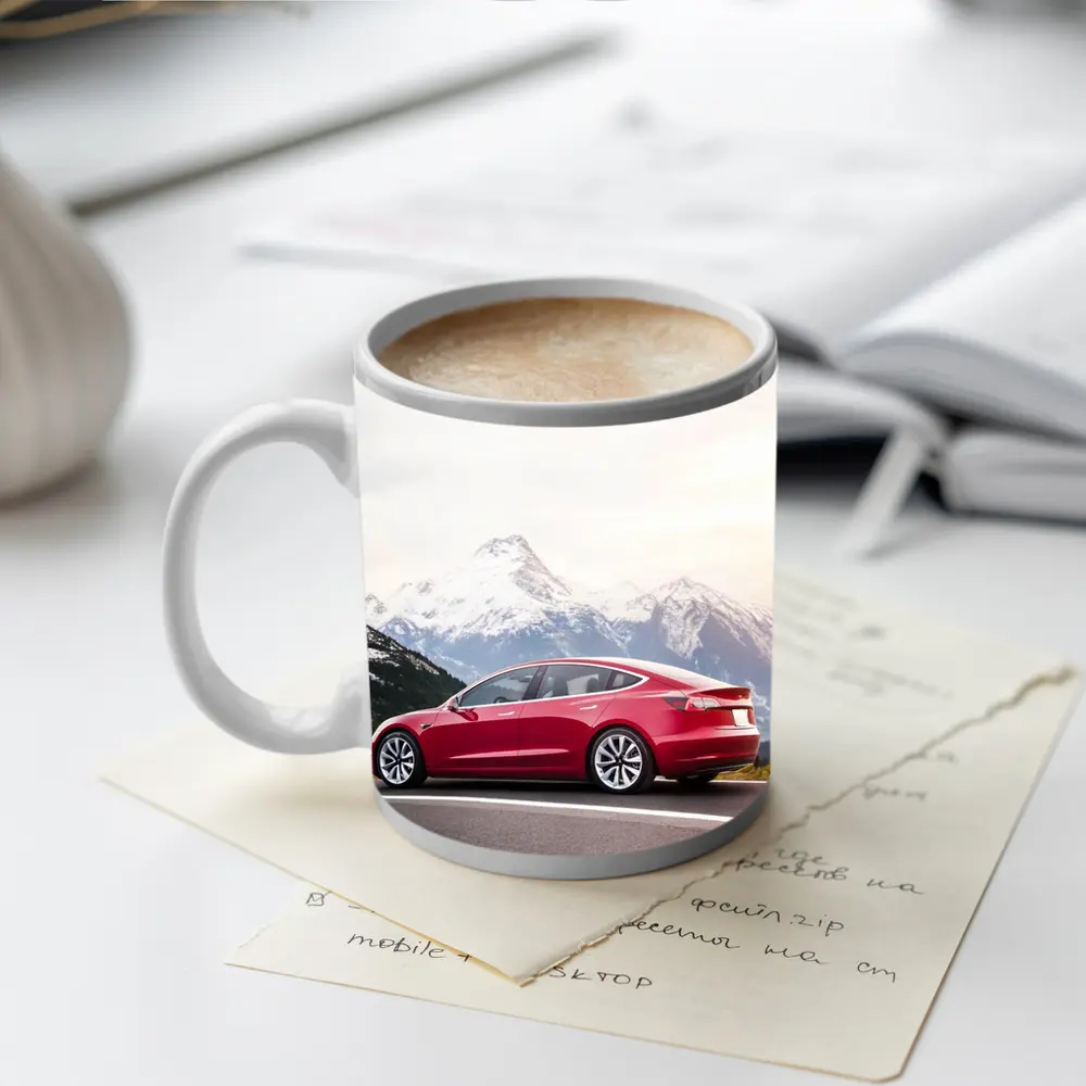 Red Tesla Model 3 Snow Mountain Road – Mugs