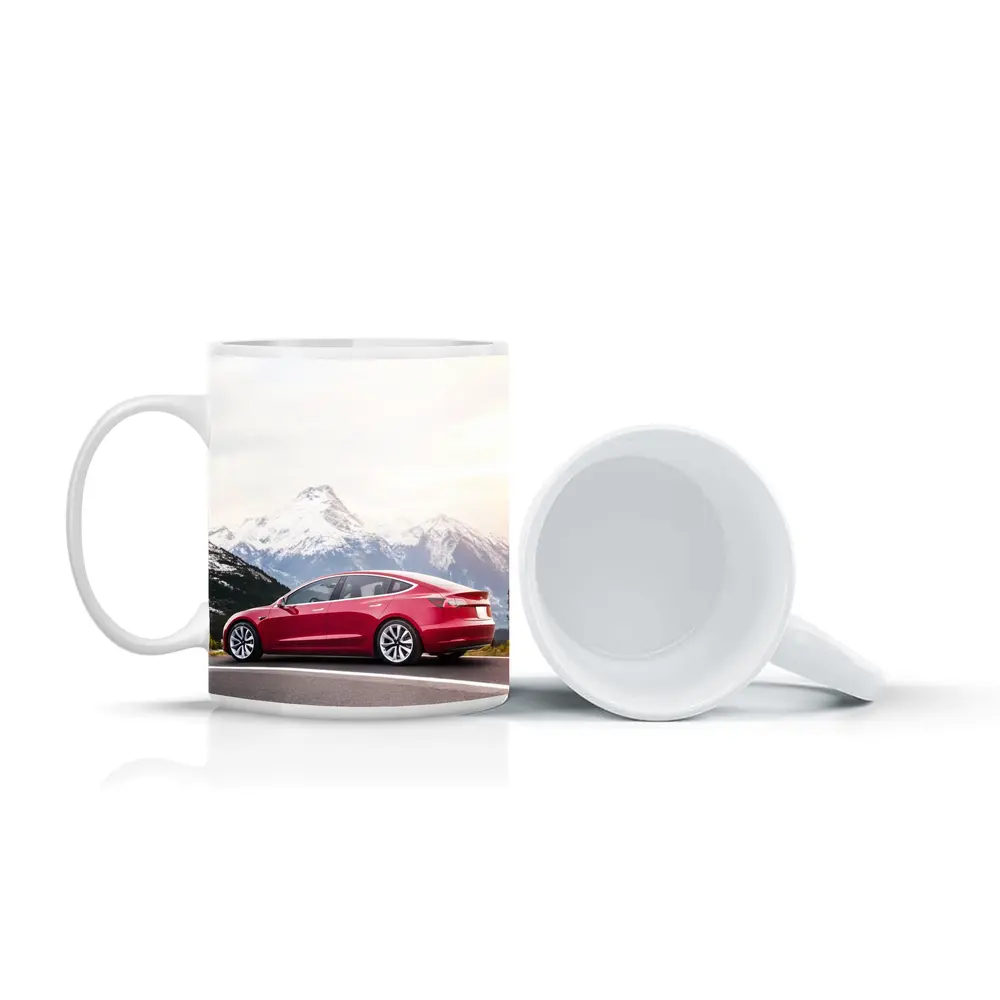 Red Tesla Model 3 Snow Mountain Road – Mugs
