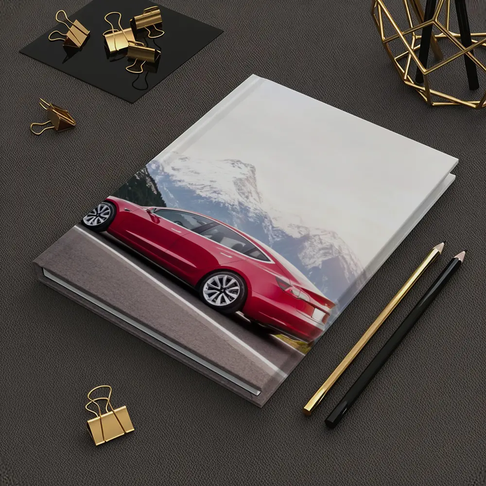 Red Tesla Model 3 Snow Mountain Road – Notebooks