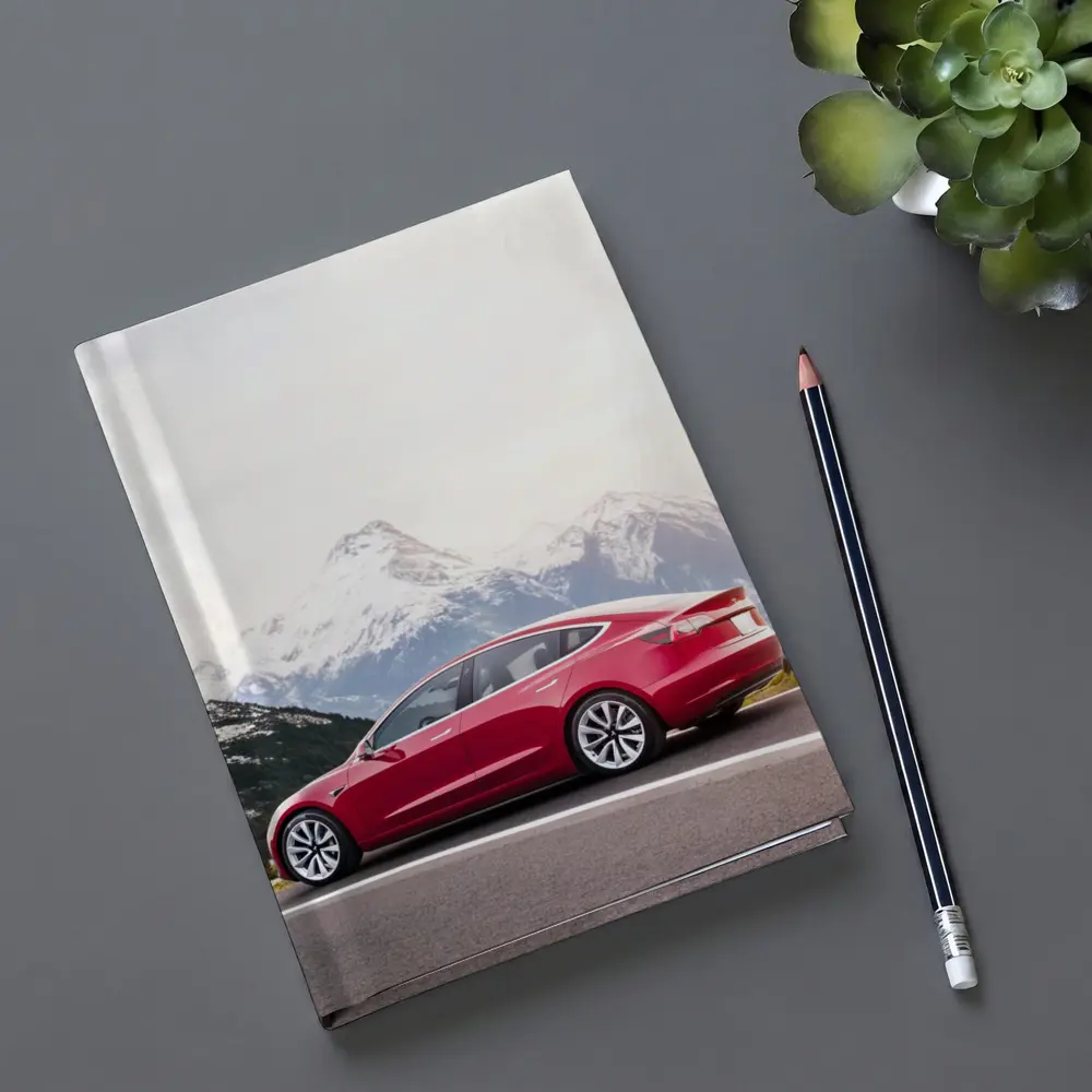 Red Tesla Model 3 Snow Mountain Road – Notebooks