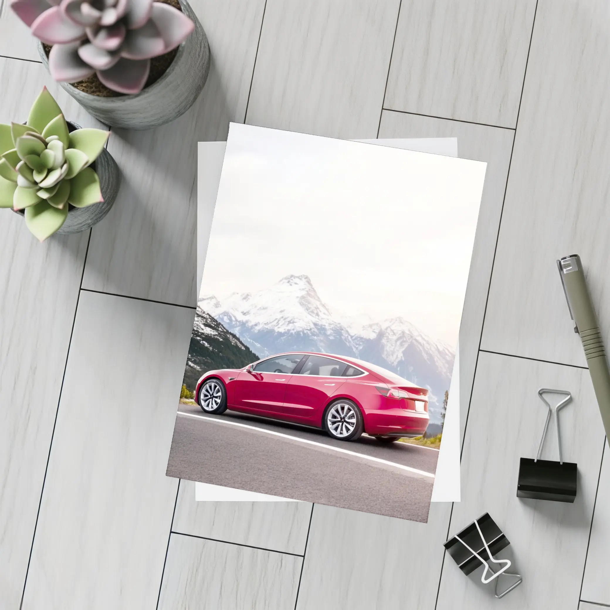 Red Tesla Model 3 Snow Mountain Road – Postcards