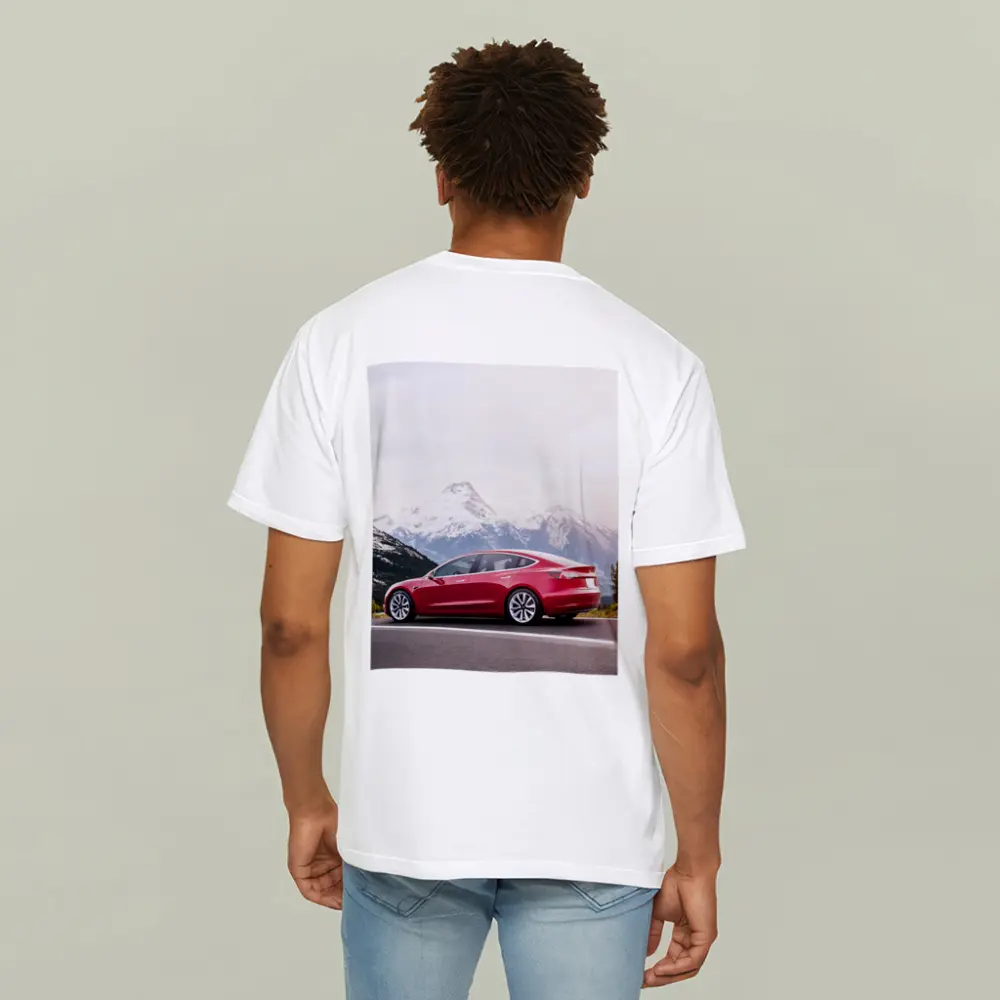 Red Tesla Model 3 Snow Mountain Road – T-Shirts