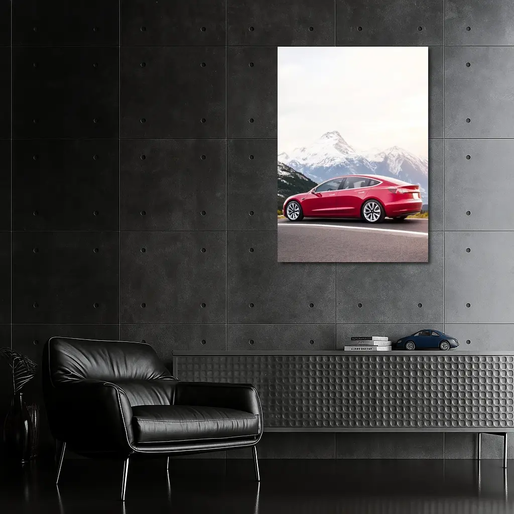 Red Tesla Model 3 Snow Mountain Road – Wall Art