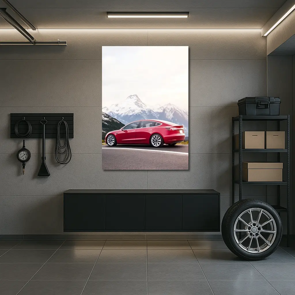 Red Tesla Model 3 Snow Mountain Road – Wall Art