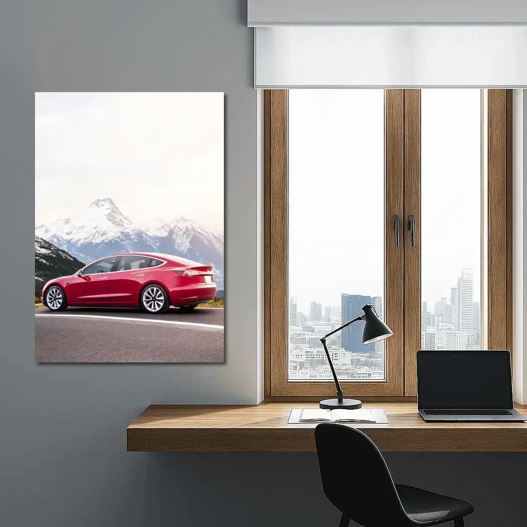Red Tesla Model 3 Snow Mountain Road – Wall Art