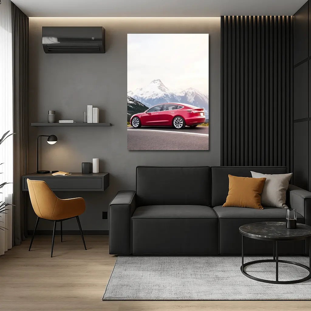 Red Tesla Model 3 Snow Mountain Road – Wall Art