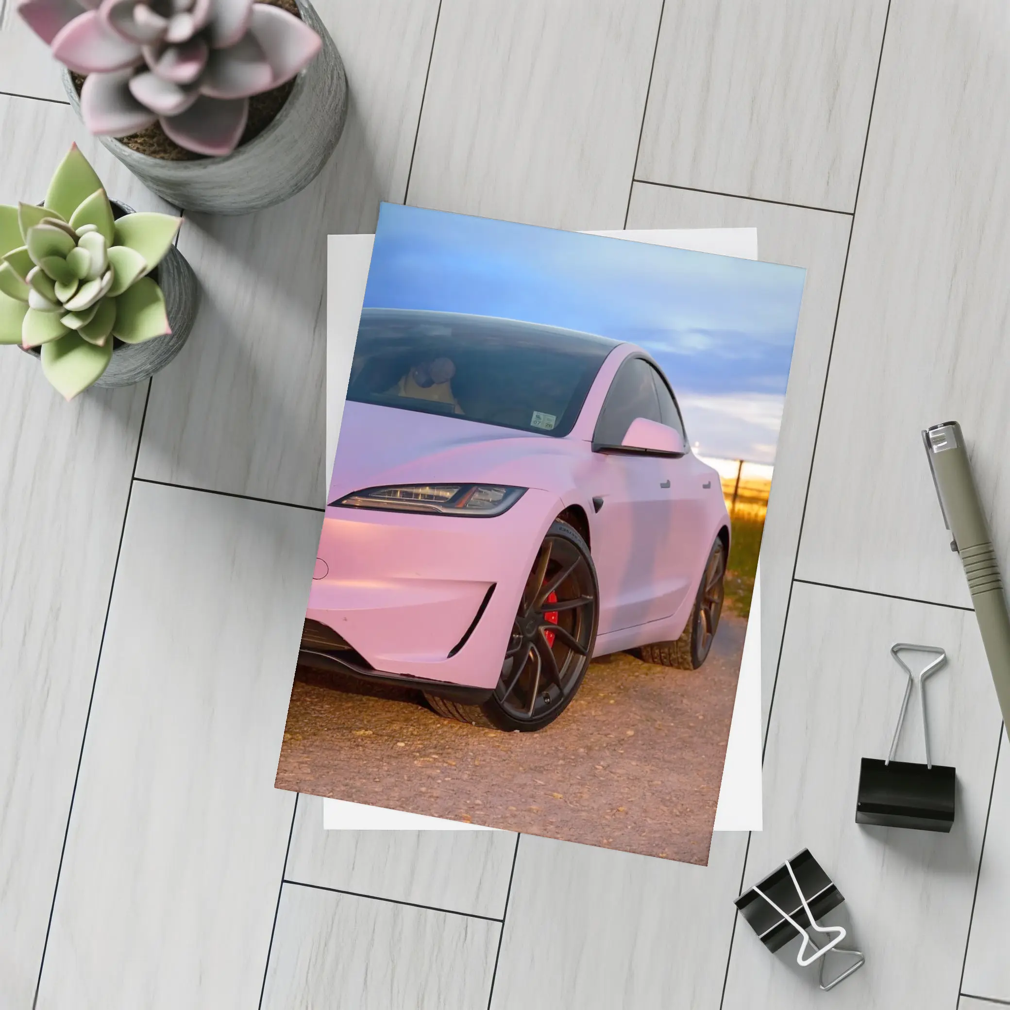 Tesla Model 3 Pink Wrap Sunset Road – Postcards