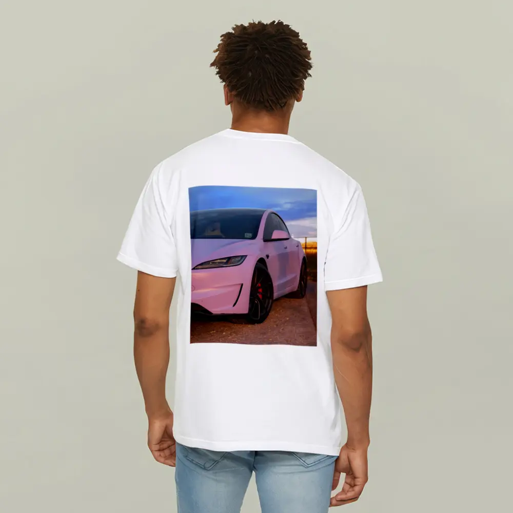 Tesla Model 3 Pink Wrap Sunset Road – T-Shirts