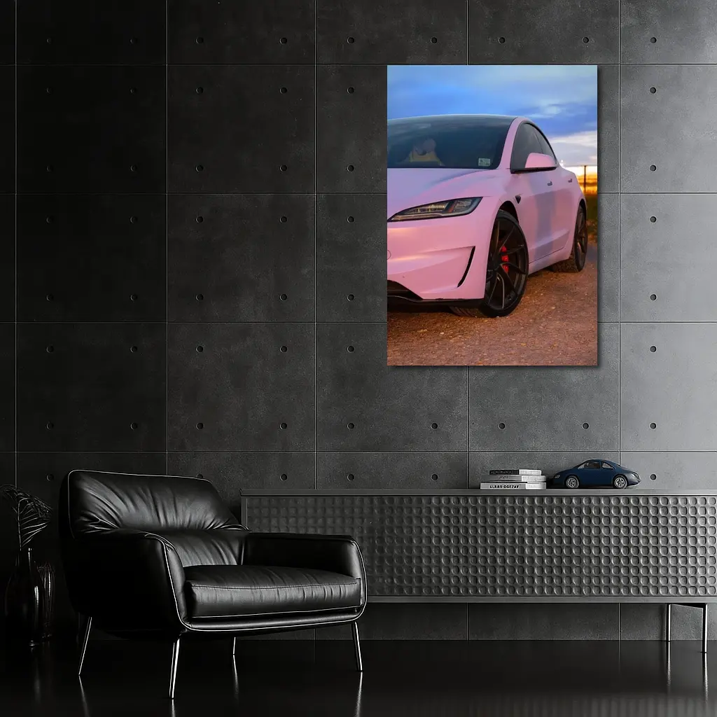 Tesla Model 3 Pink Wrap Sunset Road – Wall Art