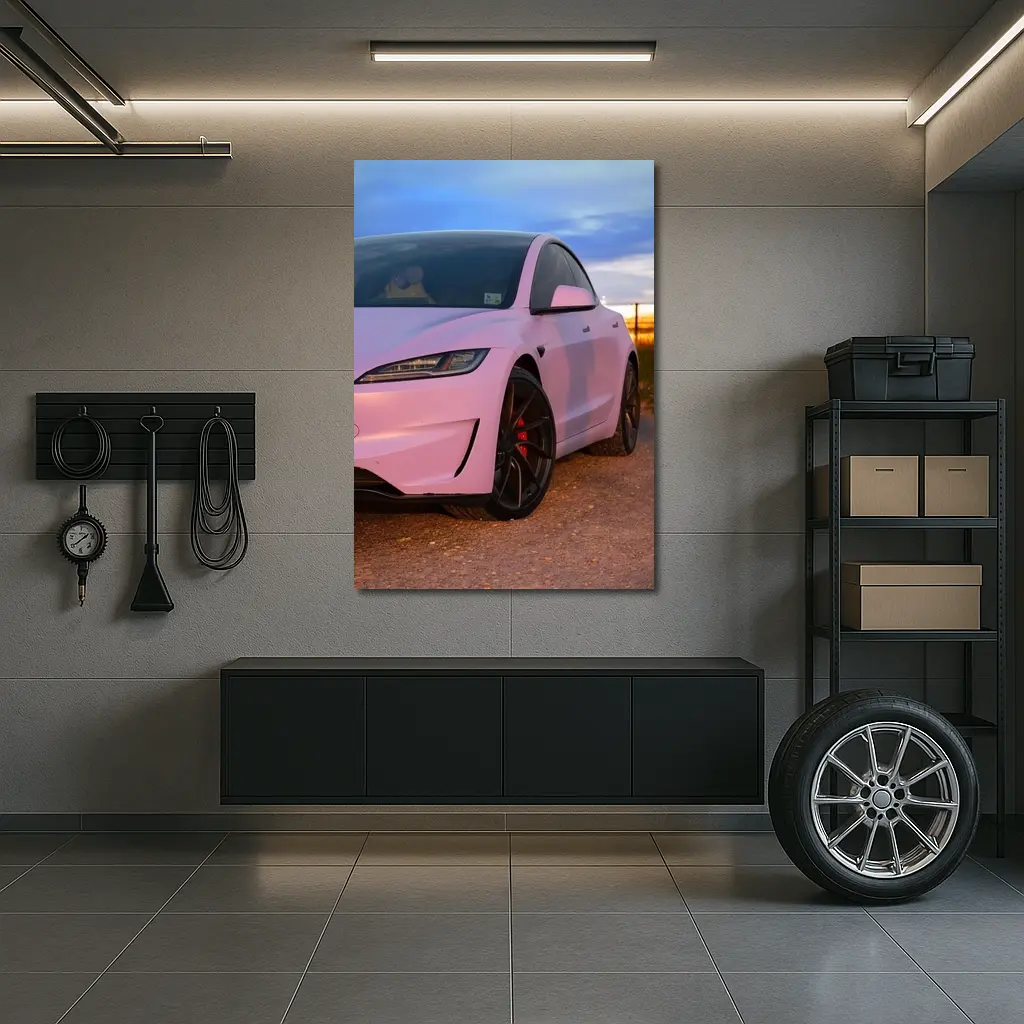 Tesla Model 3 Pink Wrap Sunset Road – Wall Art