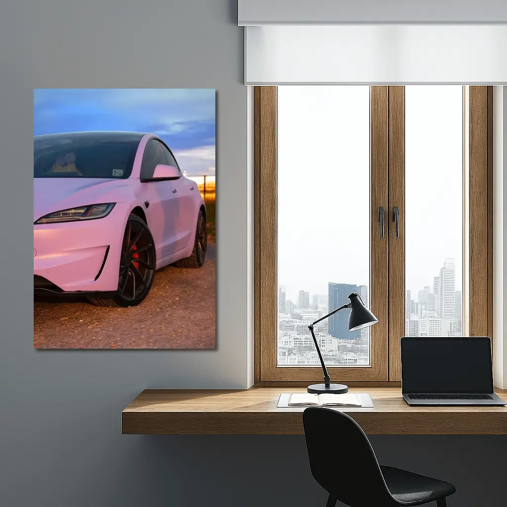 Tesla Model 3 Pink Wrap Sunset Road – Wall Art
