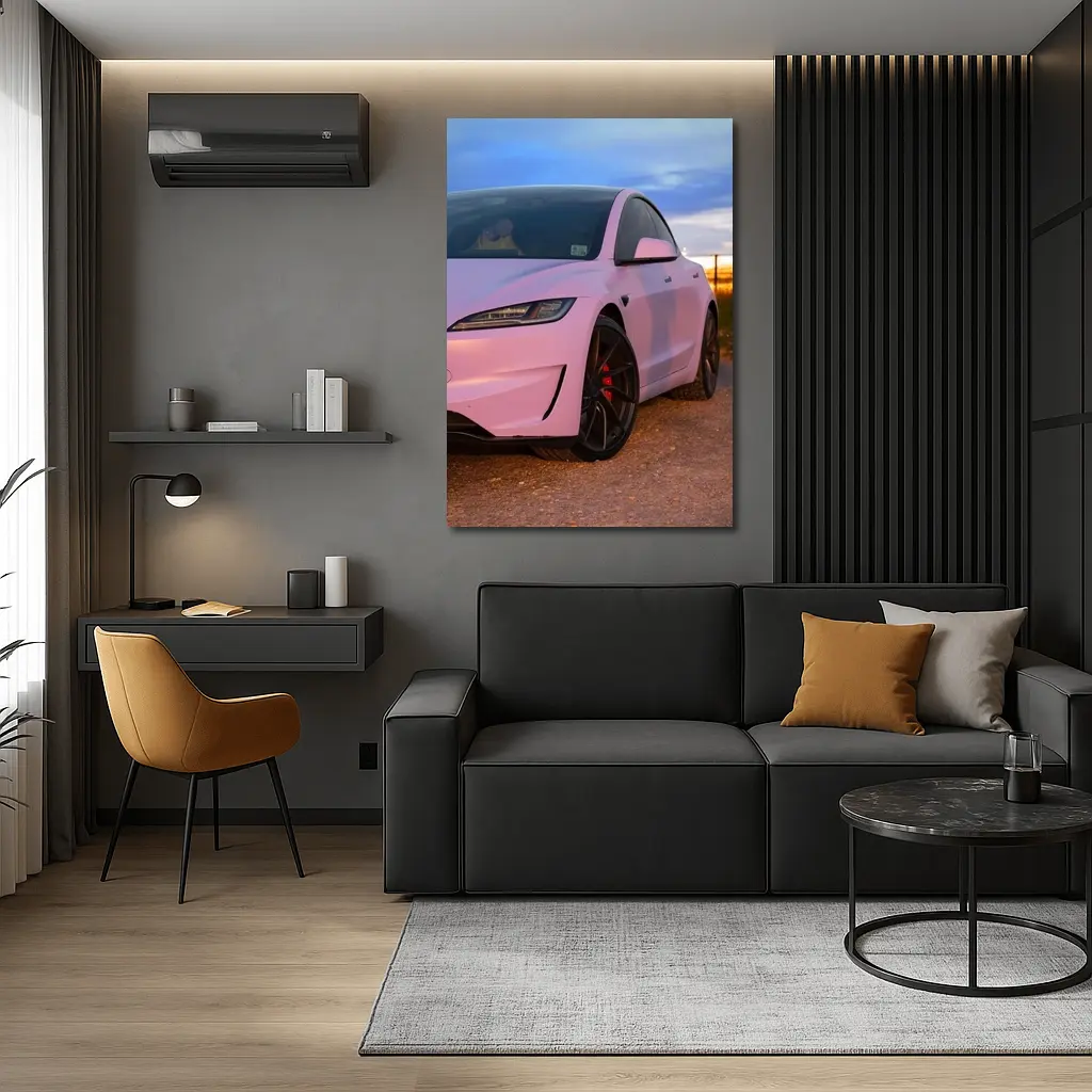 Tesla Model 3 Pink Wrap Sunset Road – Wall Art