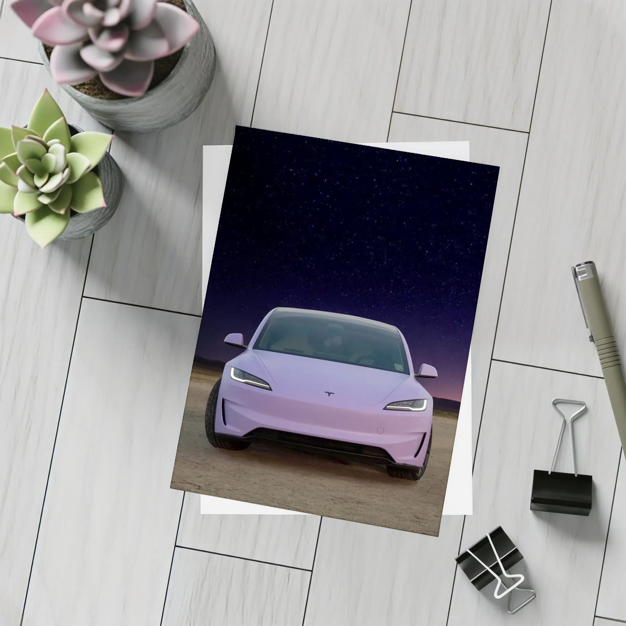 Tesla Model 3 Pink Desert Night Sky – Postcards