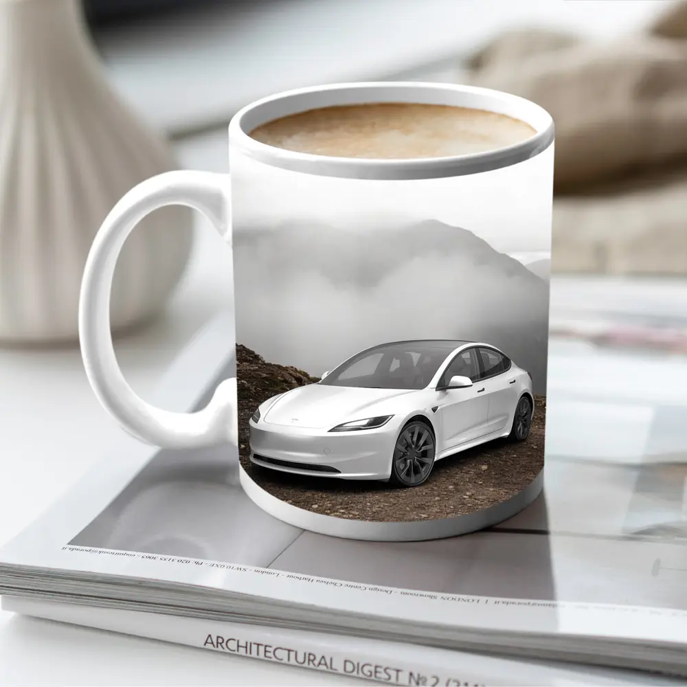 Tesla Model 3 White Misty Mountain Road – Mugs