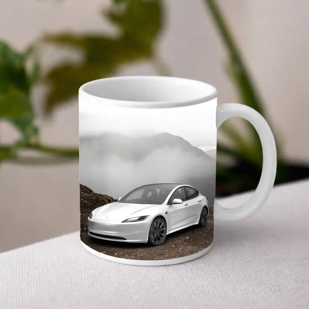 Tesla Model 3 White Misty Mountain Road – Mugs