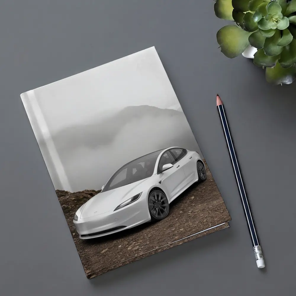 Tesla Model 3 White Misty Mountain Road – Notebooks