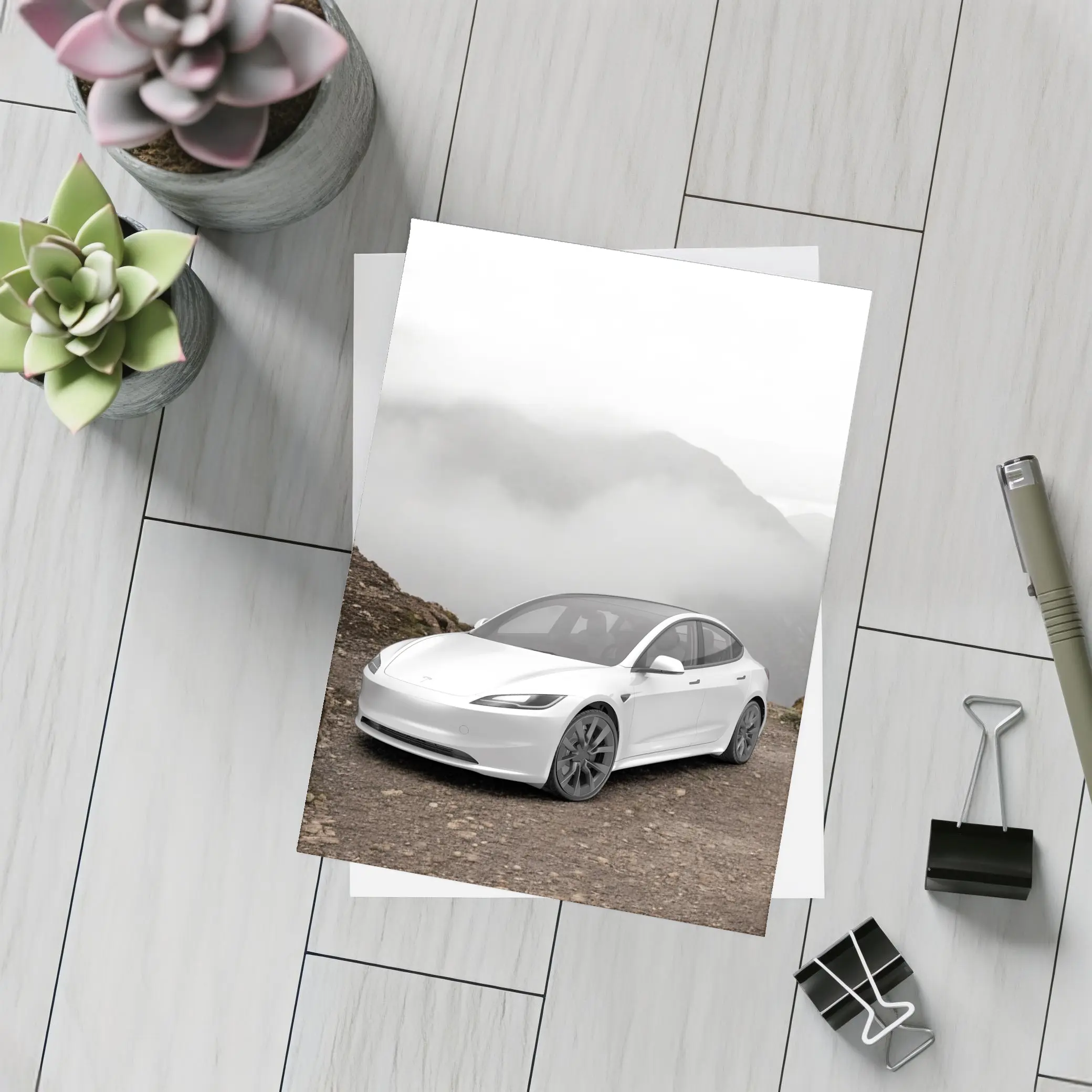 Tesla Model 3 White Misty Mountain Road – Postcards