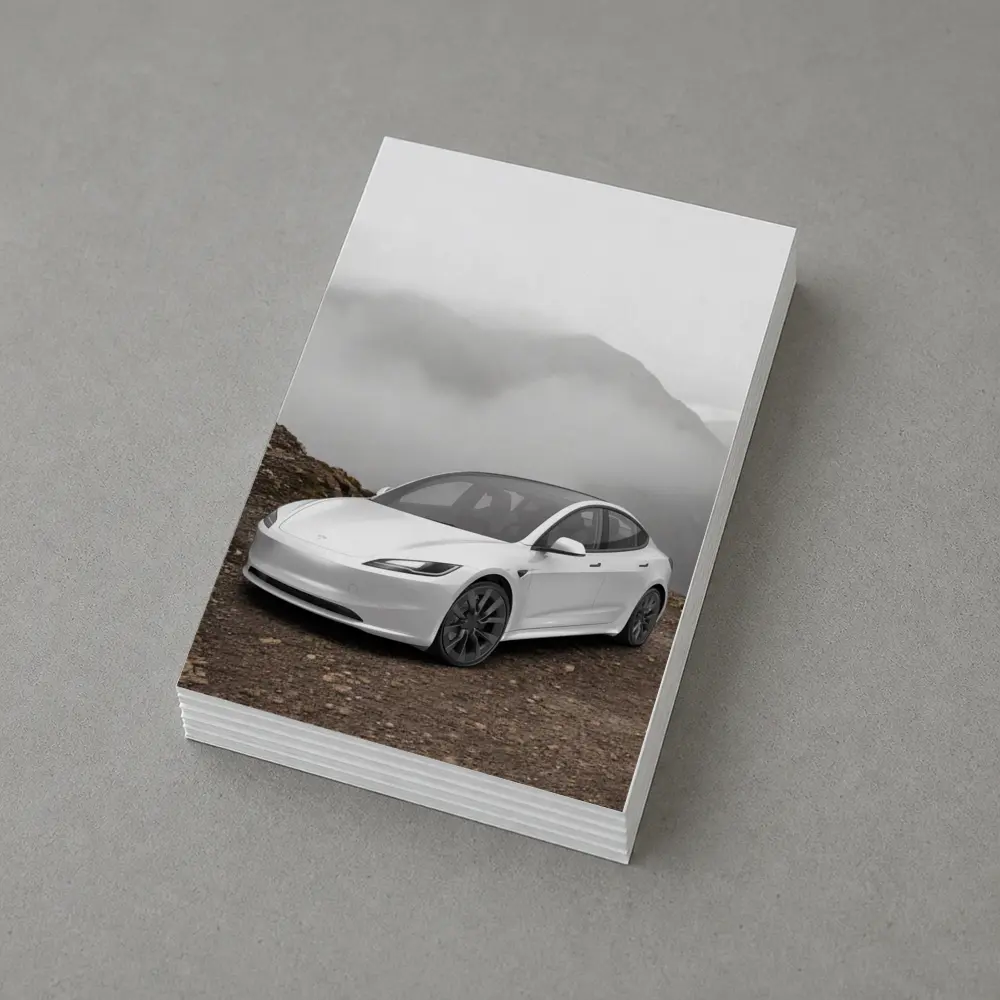 Tesla Model 3 White Misty Mountain Road – Postcards