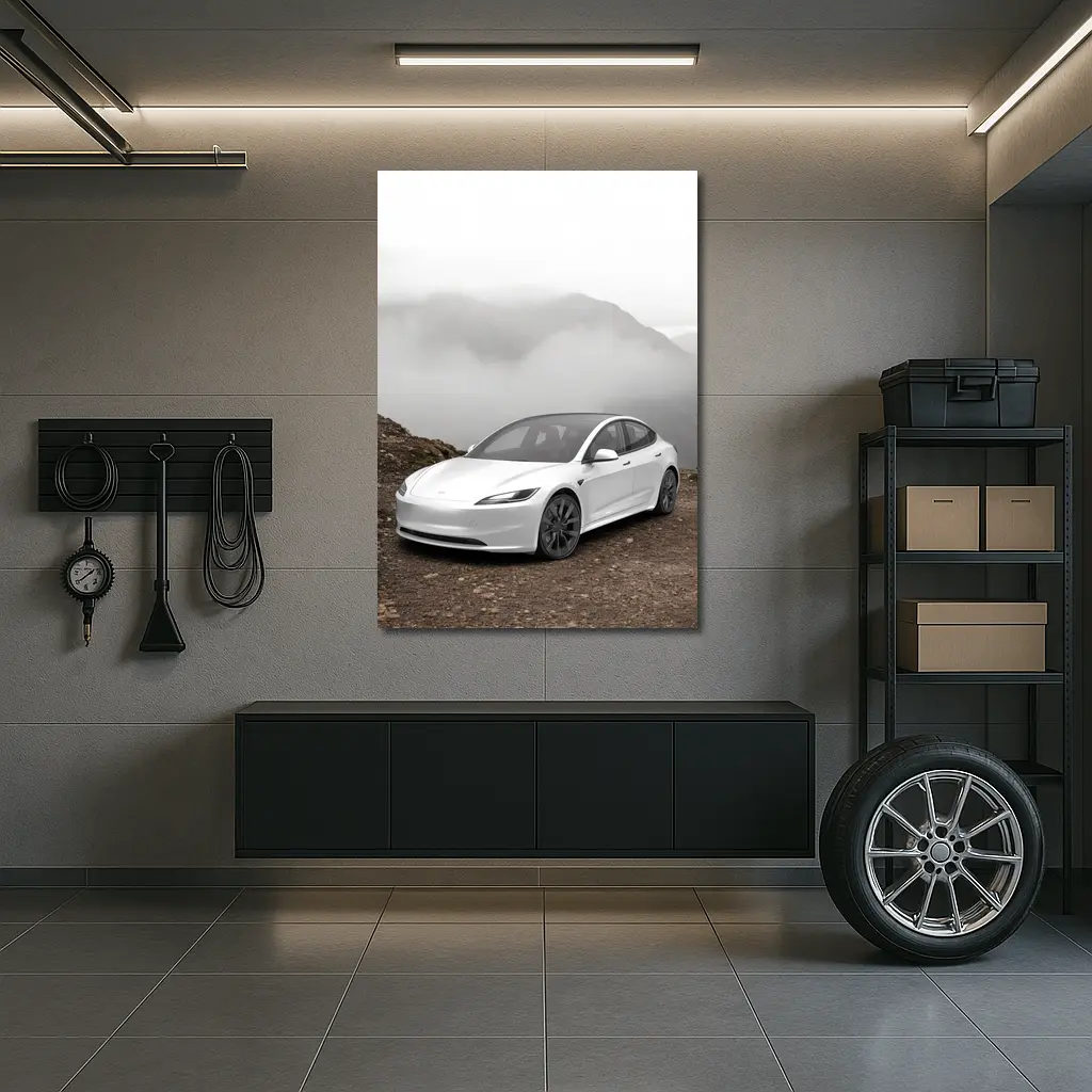 Tesla Model 3 White Misty Mountain Road – Wall Art