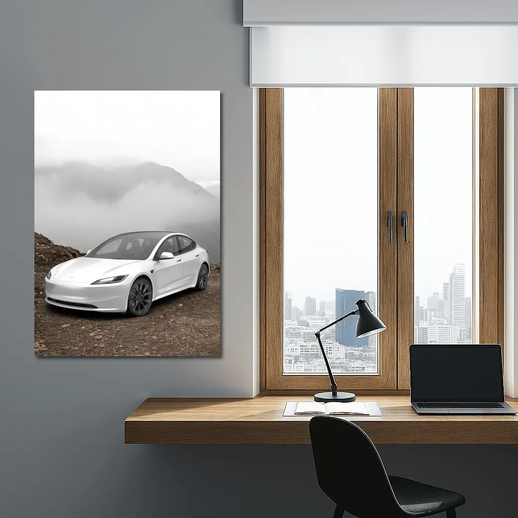Tesla Model 3 White Misty Mountain Road – Wall Art