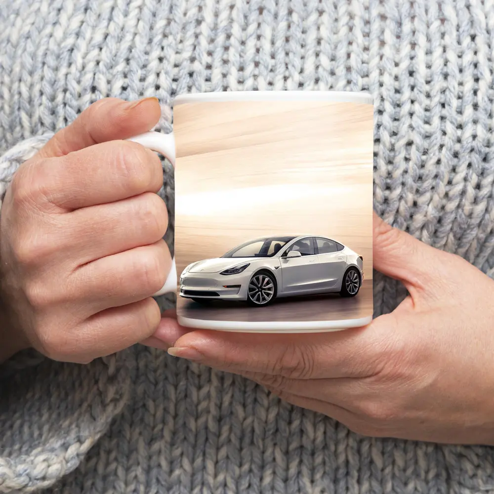 Tesla Model 3 White Speed Blur Background – Mugs