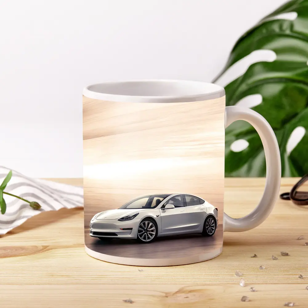Tesla Model 3 White Speed Blur Background – Mugs