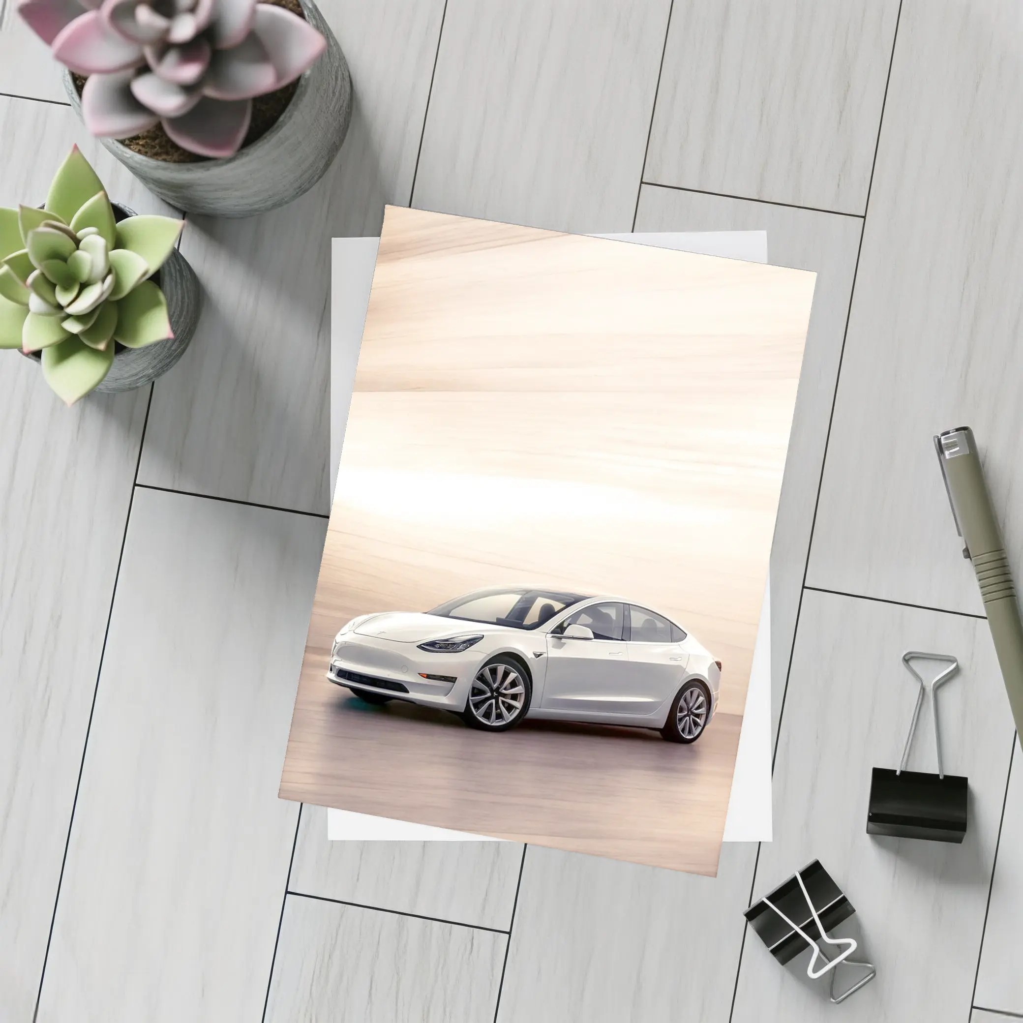 Tesla Model 3 White Speed Blur Background – Postcards