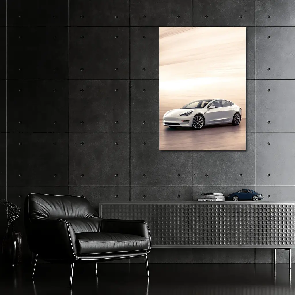Tesla Model 3 White Speed Blur Background – Wall Art
