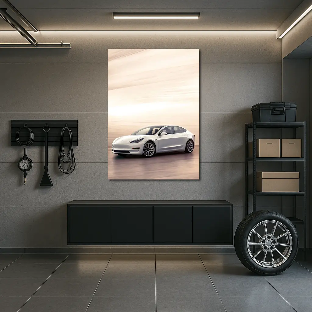 Tesla Model 3 White Speed Blur Background – Wall Art