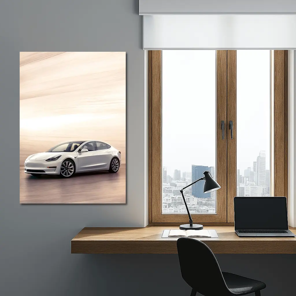 Tesla Model 3 White Speed Blur Background – Wall Art