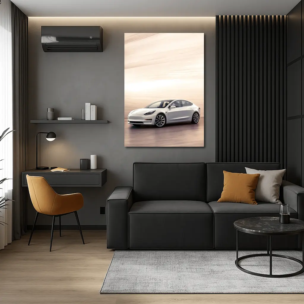 Tesla Model 3 White Speed Blur Background – Wall Art