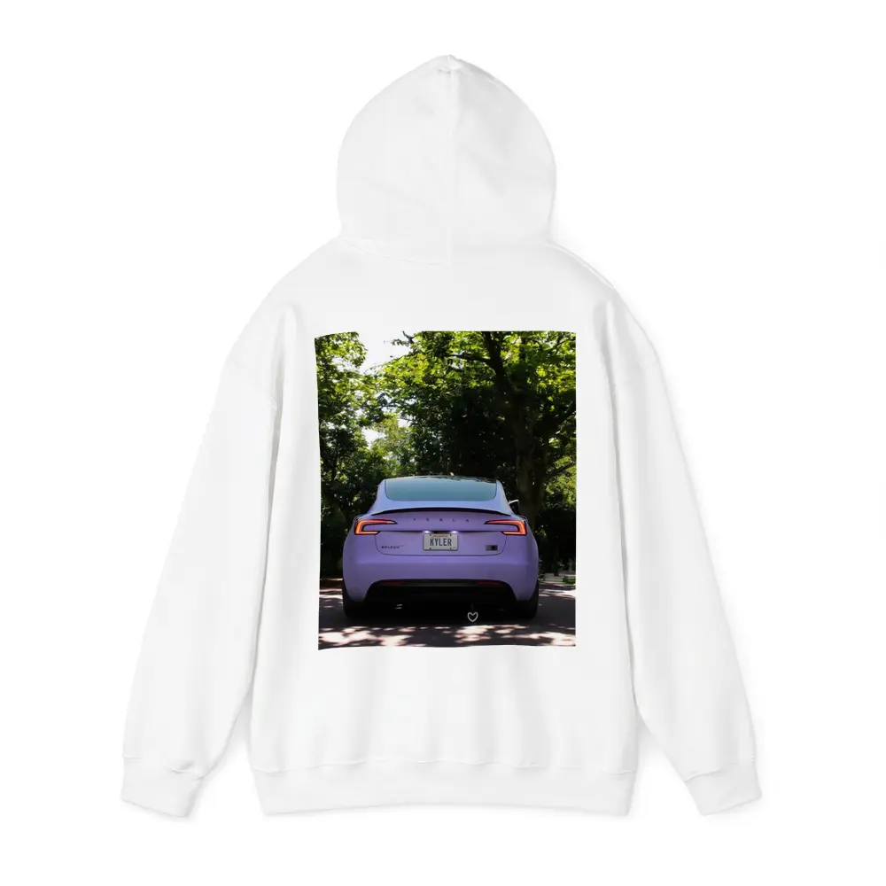 Purple Tesla Model Three Tree Lined Street – Hoodies
