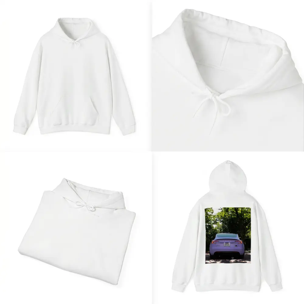 Purple Tesla Model Three Tree Lined Street – Hoodies