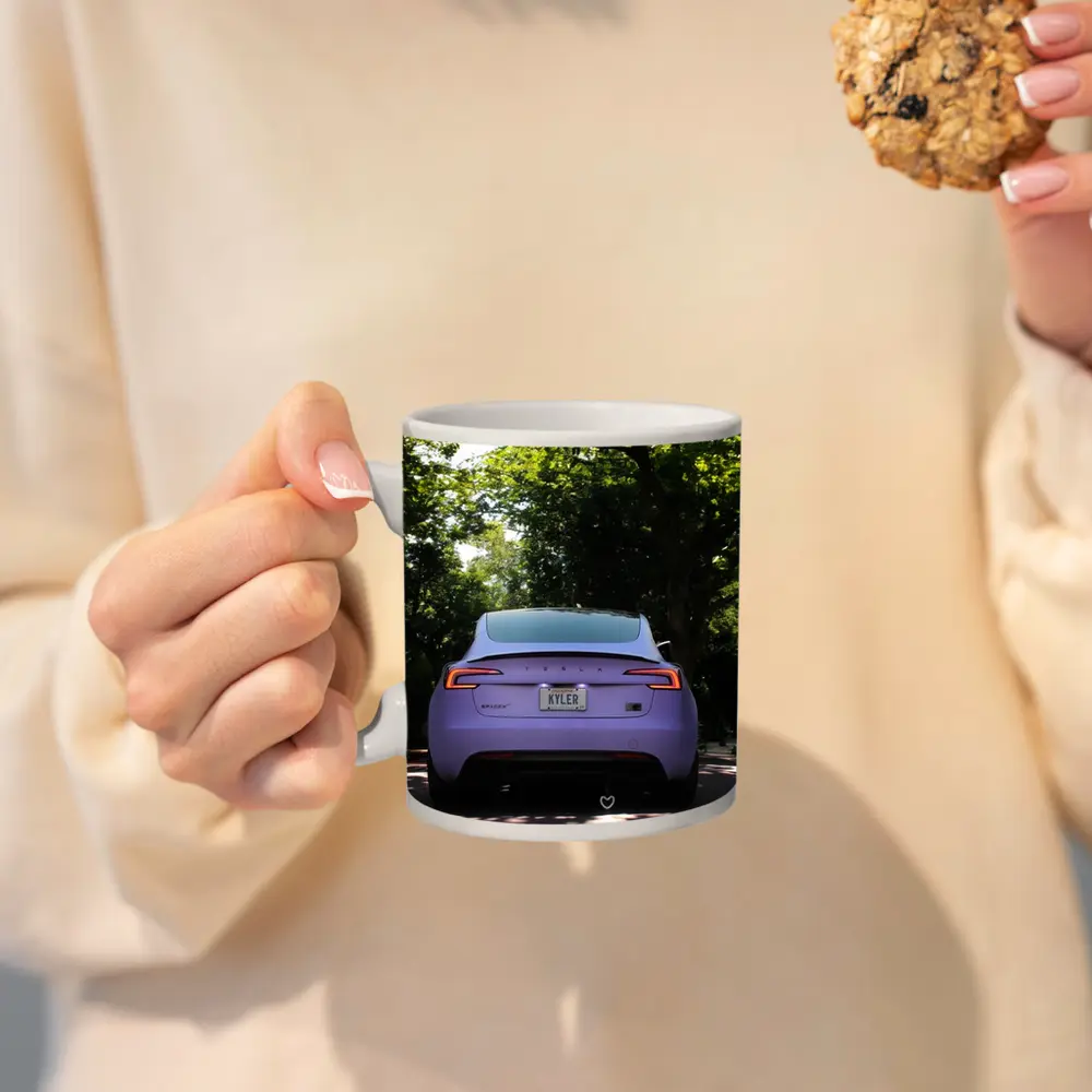 Purple Tesla Model Three Tree Lined Street – Mugs