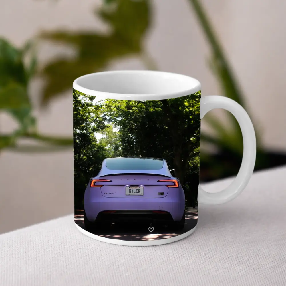 Purple Tesla Model Three Tree Lined Street – Mugs