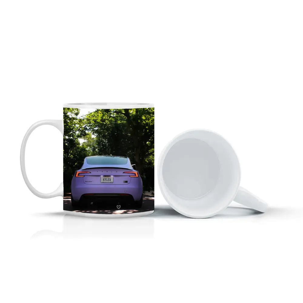 Purple Tesla Model Three Tree Lined Street – Mugs