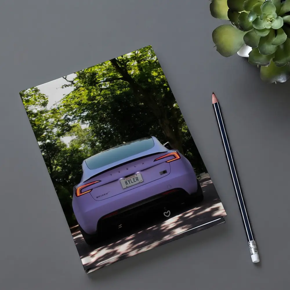 Purple Tesla Model Three Tree Lined Street – Notebooks