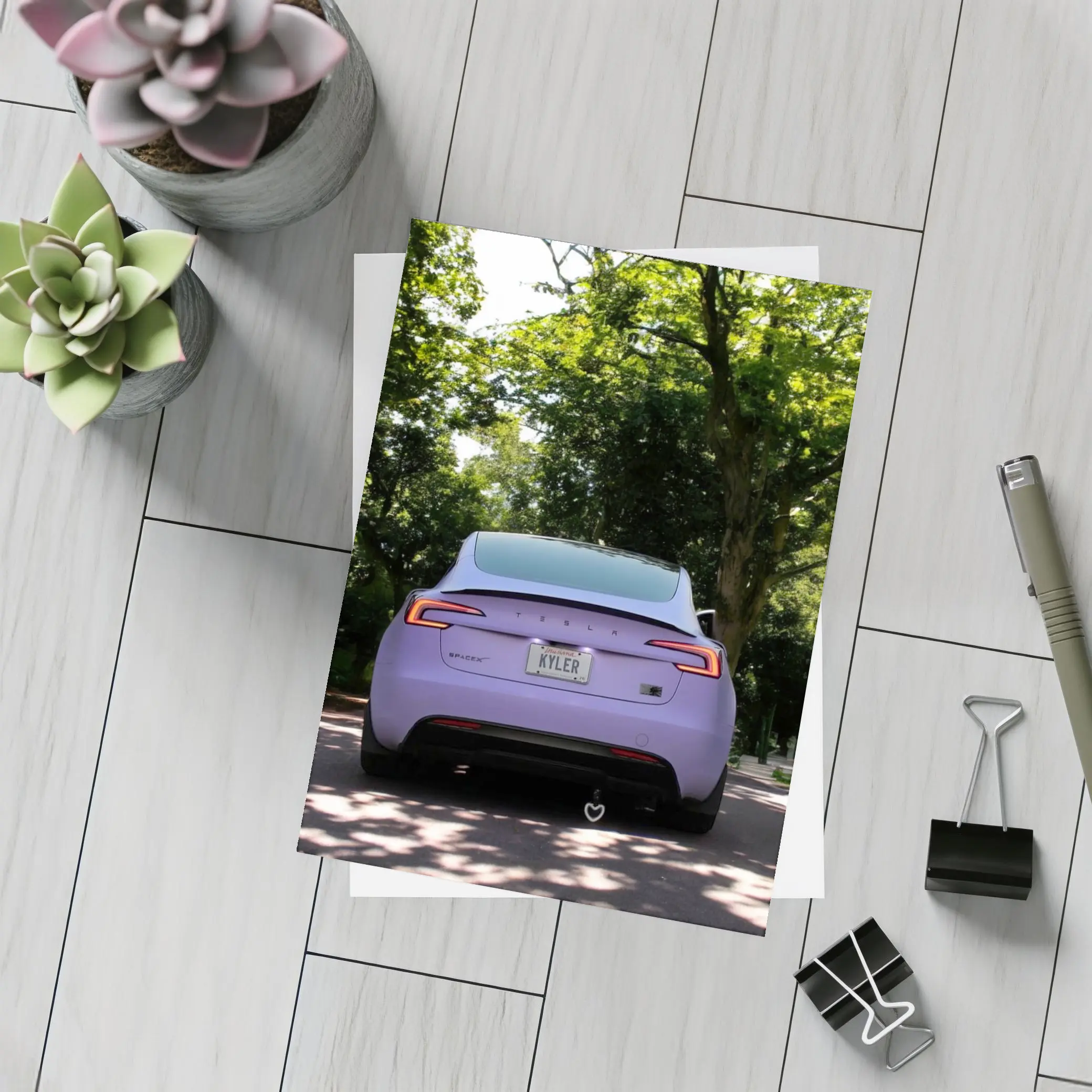 Purple Tesla Model Three Tree Lined Street – Postcards
