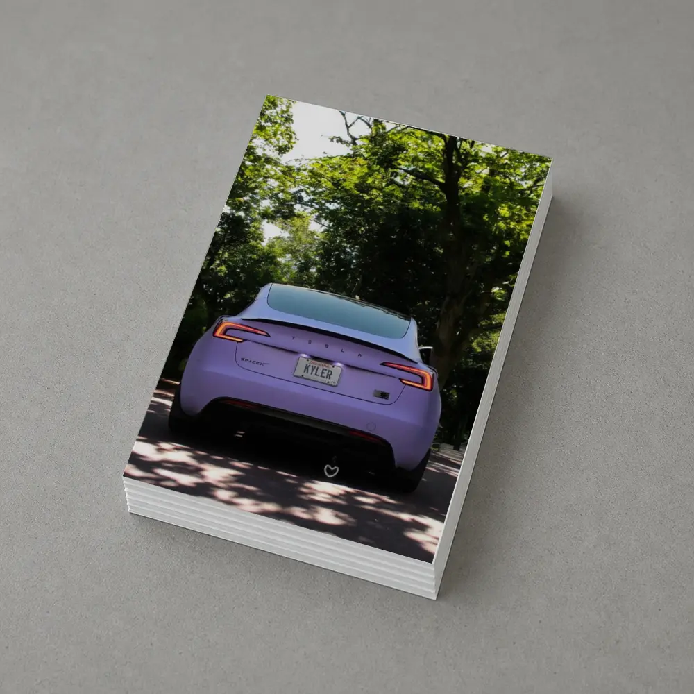 Purple Tesla Model Three Tree Lined Street – Postcards