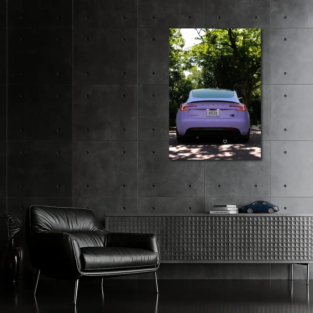 Purple Tesla Model Three Tree Lined Street – Wall Art