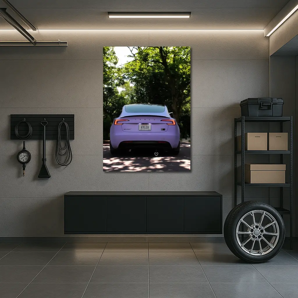 Purple Tesla Model Three Tree Lined Street – Wall Art